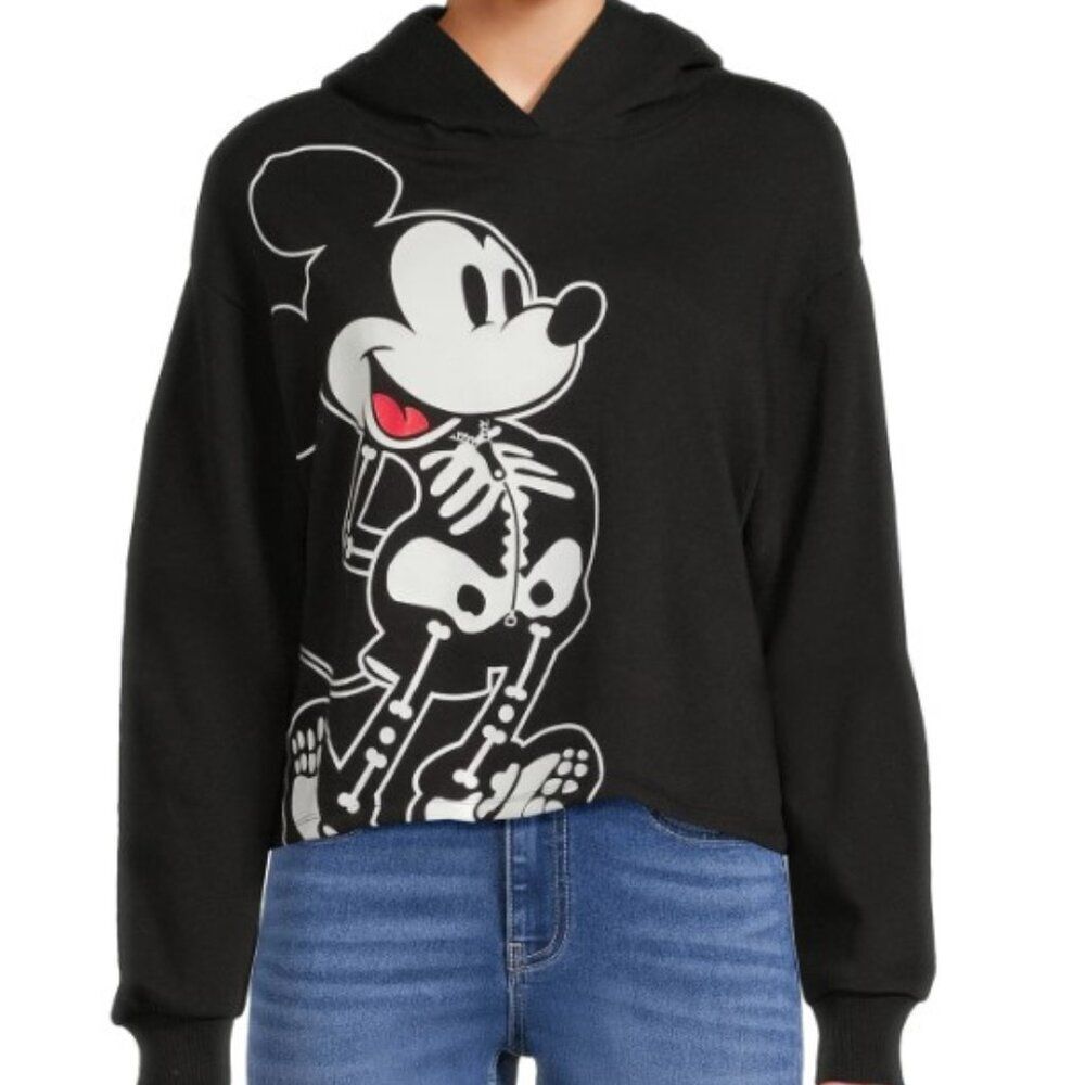 DISNEY Mickey Mouse Skeleton Cropped‎ Hoodie Juniors Sz XXL Black Sweatshirt NWT